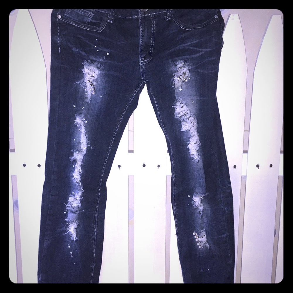 Straight leg Ripped Jeans with Diamonds & Pearls.